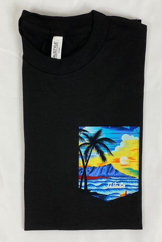 black pocket tee with blue diamond head pocket