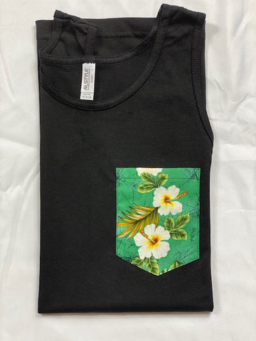 White Hibiscus Green Background Pocket Tank Top