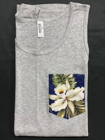 White Flower Dark Blue Background Pocket Tank Top