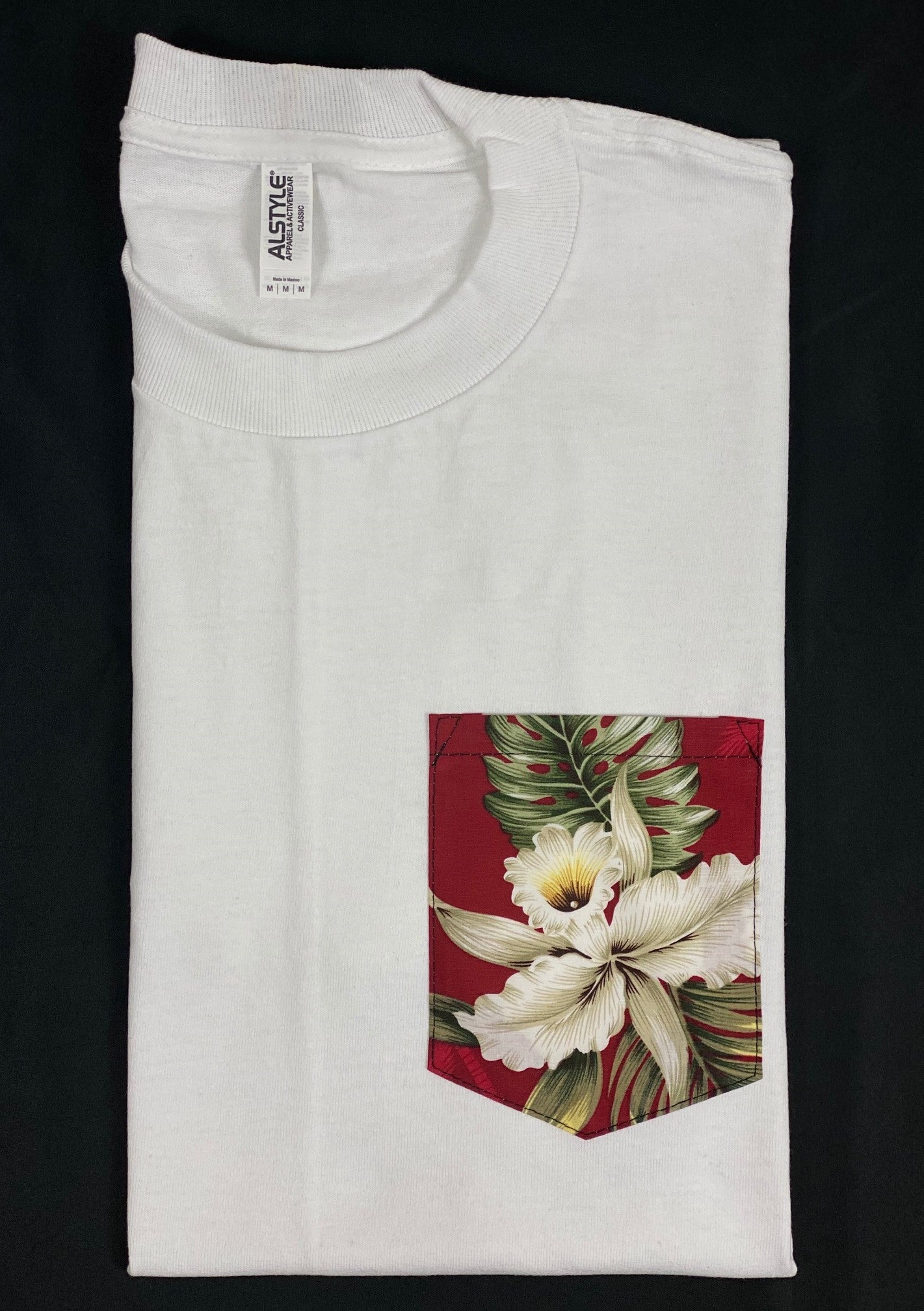 White Flower w/Burgundy Background/ Pocket Tee